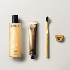 Aurezzi Gift Box Ağız Bakım Suyu 200ML Menthol Gold Diş Macunu 75ML Gold Black Medium Diş Fırçası Gold Tutacak Set