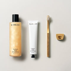 Aurezzi Gift Box Ağız Bakım Suyu 200ML Mentol Diş Macunu 72ML Gold White Soft Diş Fırçası Gold Tutacak Set
