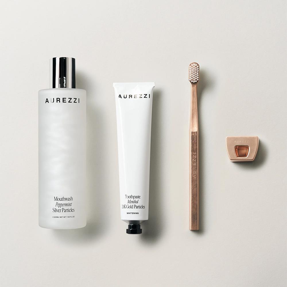 Aurezzi Gift Box Silver Ağız Bakım Suyu 200ML Peppermint Menthol White Diş Macunu 75ML Rose Gold Soft Diş Fırçası Rose Gold Tutacak Set