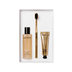 Aurezzi Travel Trio Gold Ağız Bakım Suyu 80ML Menthol Gold Diş Macunu 25ML Gold Black Soft Diş Fırçası Üçlü Travel Set