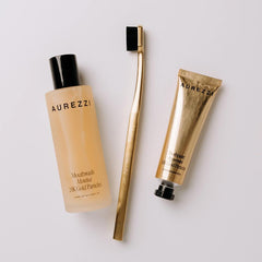 Aurezzi Travel Trio Gold Ağız Bakım Suyu 80ML Menthol Gold Diş Macunu 25ML Gold Black Soft Diş Fırçası Üçlü Travel Set