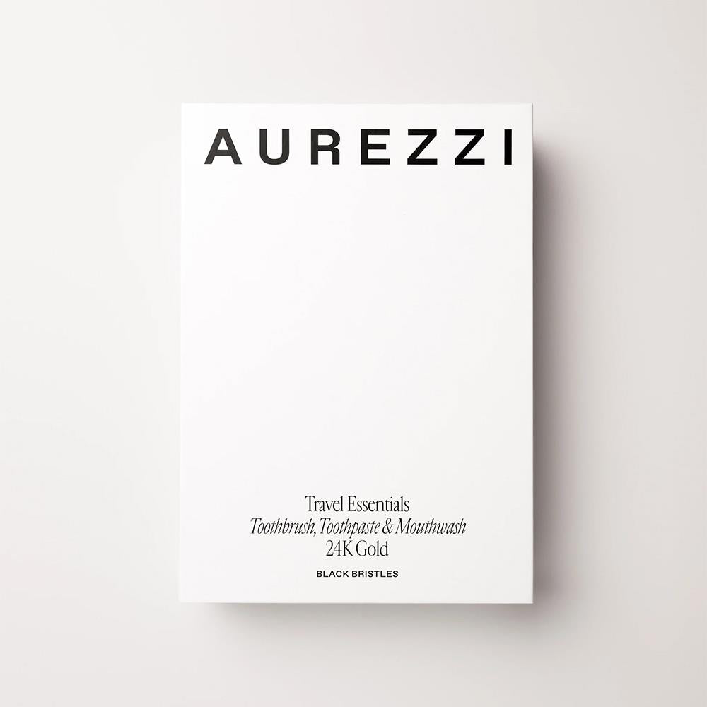 Aurezzi Travel Trio Gold Ağız Bakım Suyu 80ML Menthol Gold Diş Macunu 25ML Gold Black Soft Diş Fırçası Üçlü Travel Set