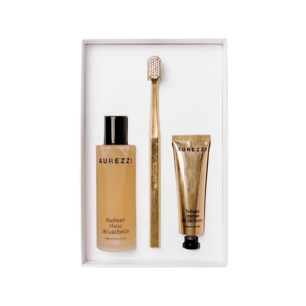 Aurezzi Travel Ağız Bakım Suyu 80ML Menthol Gold Diş Macunu 25ML White Soft Diş Fırçası Üçlü Set