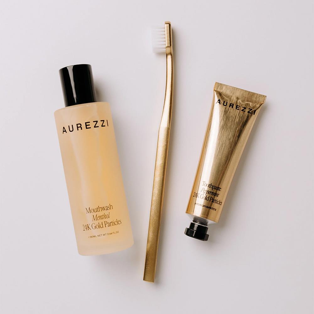 Aurezzi Travel Ağız Bakım Suyu 80ML Menthol Gold Diş Macunu 25ML White Soft Diş Fırçası Üçlü Set