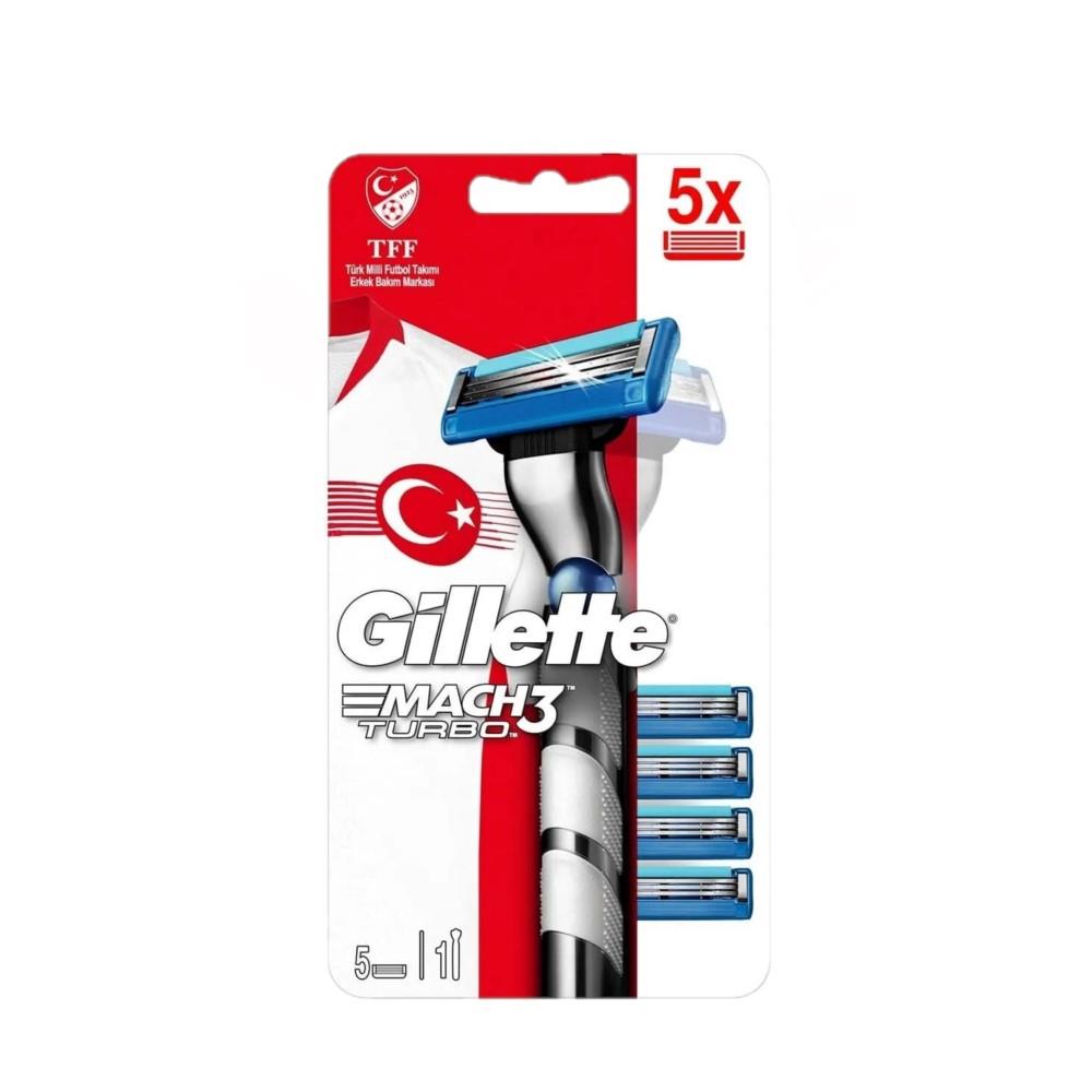Gillette Mach3 Turbo Tıraş Makinesi + 5 Yedek Bıçak Hediyeli Tıraş Bıçağı Milli Takım