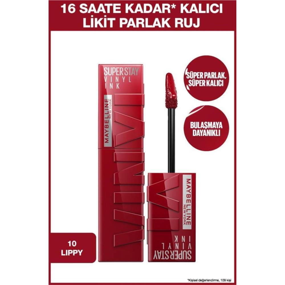 Maybelline New York Super Stay Vinyl Ink Uzun Süre Kalıcı Likit Parlak Ruj 10